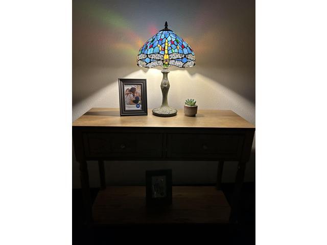 ENJOY DECOR LAMPS Tiffany Style Table Lamp Blue Stained Glass Dragonfly LED Bulb Included For Living Room Bedroom Bedside 12'W*12'D*19'H