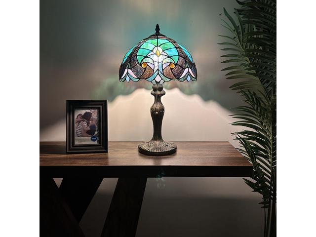 ENJOY DECOR LAMPS Tiffany Style Table Lamp Green Brown Stained Glass Liaison LED Bulb Included for Living Room Bedroom Bedside 12'W*12'D*19'H