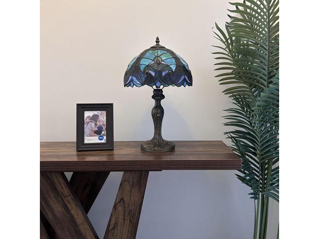 ENJOY DECOR LAMPS Tiffany Style Table Lamp Green Brown Stained Glass Liaison LED Bulb Included for Living Room Bedroom Bedside 12'W*12'D*19'H