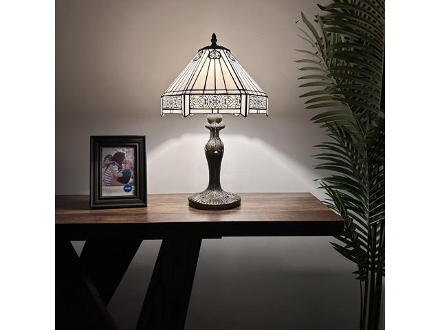 ENJOY DECOR LAMPS Tiffany Style Table Lamp White Hexagon Stained Glass LED Bulb Included For Living Room Bedroom Bedside 19'H*12'W*12'D