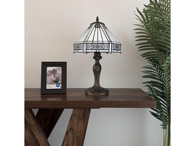 ENJOY DECOR LAMPS Tiffany Style Table Lamp White Hexagon Stained Glass LED Bulb Included For Living Room Bedroom Bedside 19'H*12'W*12'D