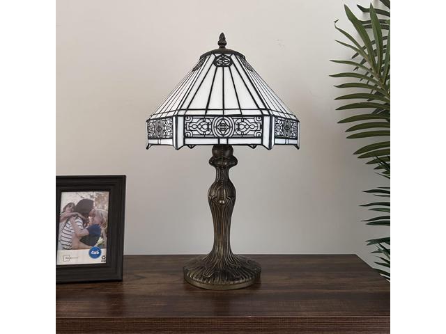ENJOY DECOR LAMPS Tiffany Style Table Lamp White Hexagon Stained Glass LED Bulb Included For Living Room Bedroom Bedside 19'H*12'W*12'D