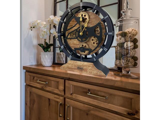 The Gears Clock 16 inches Wall Clock With Real Moving Gears convertible into a big Mantel Clock Vintage Brown