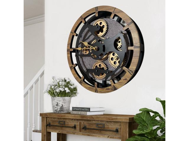 The Gears Clock 16 inches Wall Clock With Real Moving Gears convertible into a big Mantel Clock Wood Stone