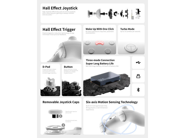 PB TAILS Crush Bluetooth Wireless HAll Joysticks Gaming Controllers China White Nintendo Switch PC STEAM 256RGB Colors adjustable Magcase