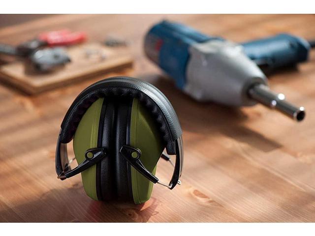 Earmuff hearing protection with low profile passive folding design 26dB NRR and reduces up to 125dB, Army Green