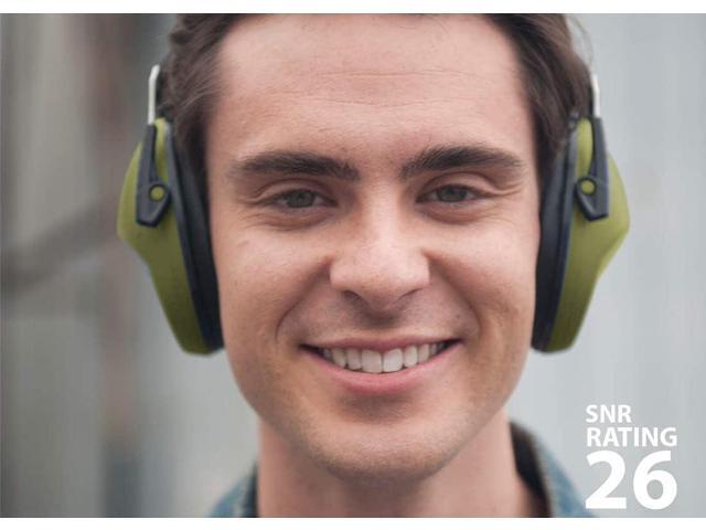 Earmuff hearing protection with low profile passive folding design 26dB NRR and reduces up to 125dB, Army Green