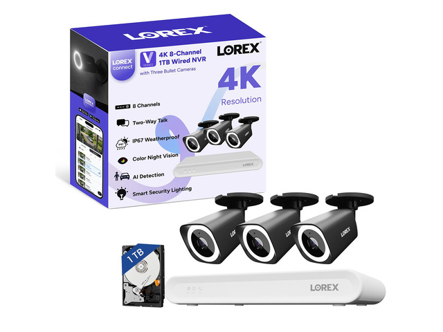 Lorex Connect (New App) V-Series 8Ch 4K NVR System 3 Black IP PoE Cameras