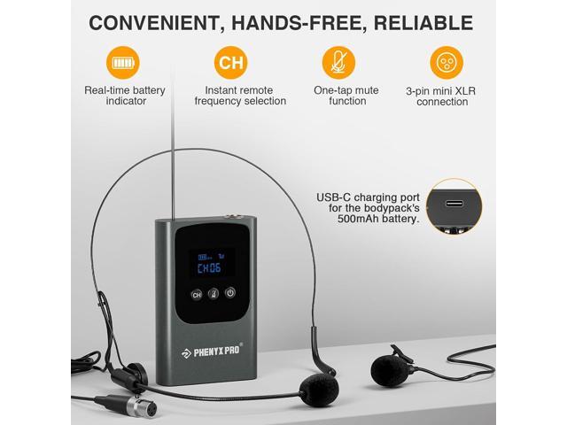 Phenyx Pro Dual Digital Wireless Microphone System, Portable Mini Receiver, 2x15 UHF Frequencies, 2 Bodypack Transmitters, Headset/Lapel Microphone...