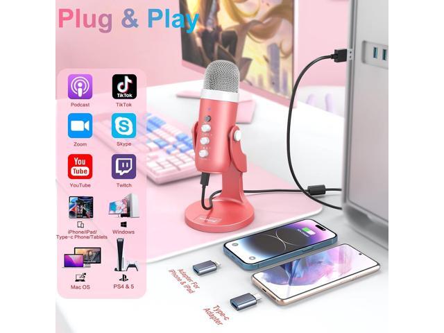 ZealSound Gaming USB Pink Microphone with Quick Mute for Phone Computer PC PS5,Studio Mic with Gain Control,Echo & Monitor Volume Adjust for...
