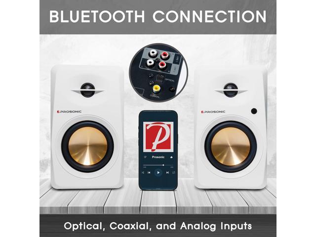 Active Bluetooth Bookshelf Speaker Studio Monitor Home Theater, Optical Input, Coaxial Input, 2 x RCA Aux Input, 30 Watts x 2 (White)