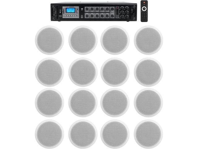 Rockville CCL6T Bundle: (16) 70V 6-in Commercial Ceiling Speakers, White, RCS180-6 180 Watt 6 Zone 70V Bluetooth Commercial Amplifier for.