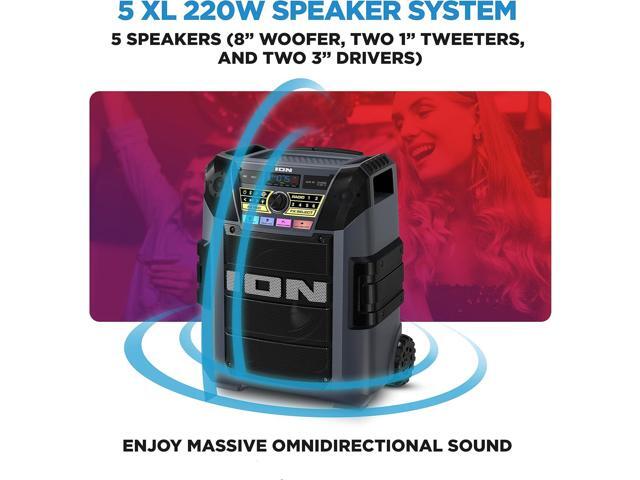 ION Block Rocker XL - Portable Bluetooth Outdoor Party Speaker, 220W, with Karaoke Microphone, Battery, 5 Speakers, Lights, Radio, USB Charging & App
