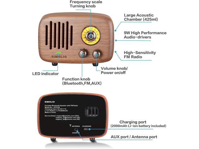 SIMOLIO Retro Bluetooth Speakers with Loud HD Sound, Nature Black Walnut Vintage Style Wooden Speaker with FM Radio & AUX in, Advanced CSR Chip,...