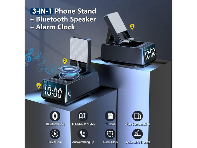 Cell Phone Stand with Wireless Bluetooth Speaker & Alarm Clock, 3 in 1 Adjustable Holder with Anti-Slip Base Fits All Phones Tablets, Unique Tech...