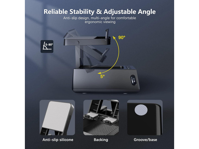 Cell Phone Stand with Wireless Bluetooth Speaker & Alarm Clock, 3 in 1 Adjustable Holder with Anti-Slip Base Fits All Phones Tablets, Unique Tech...