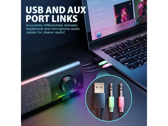 Computer Speakers, USB Powered 3.5mm AUX PC Sound Bar for Desktop Monitor, Gaming Speakers with Headphones & Microphone Link, Superb Stereo Sound,...
