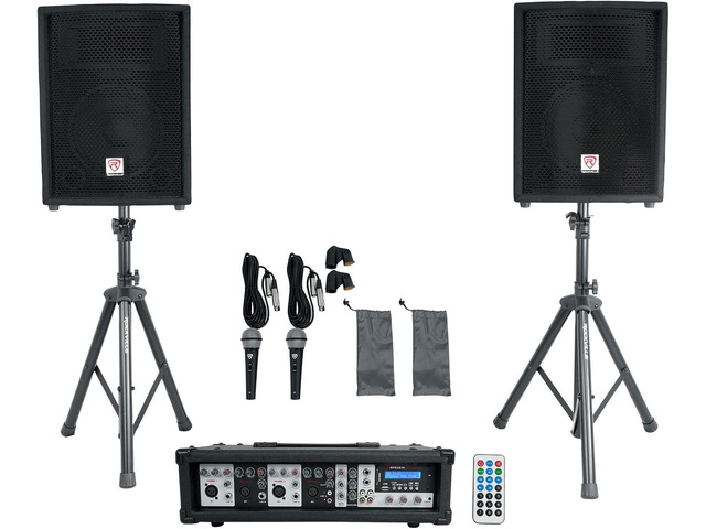 Rockville RPG2X10 V2 10 in Package PA System 200W RMS / 800W Peak, 4-Channel Powered Mixer with Bluetooth, 2 Speakers, 2 Stands, 2 RMM-XLR Mics,...
