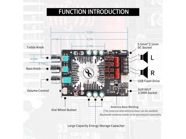 320W Power Amplifier Board with Subwoofer 2.0 Channel 160W×2, 15V-36V Audio Power Amplifier Module with Treble and Bass Control,Black (ZK-1602T)