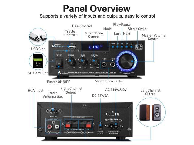 WOOPKER AK45 Pro Stereo Amplifier, 50Wx2 Bluetooth 5.0 Receiver HiFi 2 Channel Power Amplifier for Wired Speaker, Support USB, SD, RCA, MIC Input,...