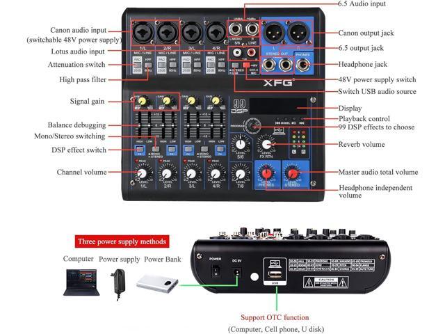 Dj Mixers 8 Channel Audio Mixer Sound Board with Bluetooth, Usb Audio Interface with Sound Card Recording and 48V Phantom Power Sounds Mixer Board...
