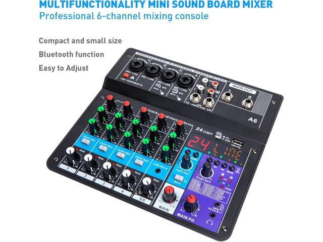 6 Channel Audio Mixer - Portable Digital Line Mixer Console Build-in 24 DSP Effects BT Function 48V Phantom Power for Karaoke Streaming by YOUSHARES