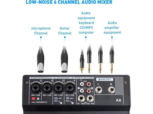 6 Channel Audio Mixer - Portable Digital Line Mixer Console Build-in 24 DSP Effects BT Function 48V Phantom Power for Karaoke Streaming by YOUSHARES