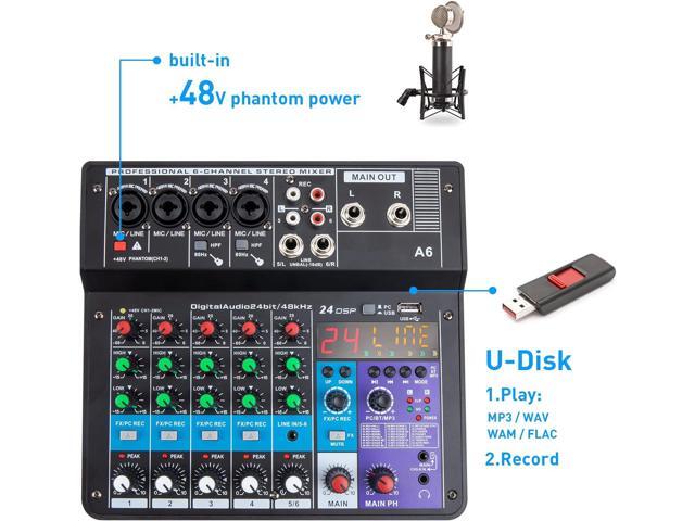 6 Channel Audio Mixer - Portable Digital Line Mixer Console Build-in 24 DSP Effects BT Function 48V Phantom Power for Karaoke Streaming by YOUSHARES