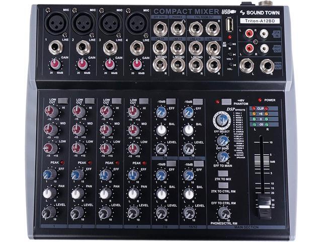 Sound Town Professional 12-Channel Audio Mixer with USB interface, Recording, EQ, Bluetooth, DSP and 48V Phantom (TRITON-A12BD)