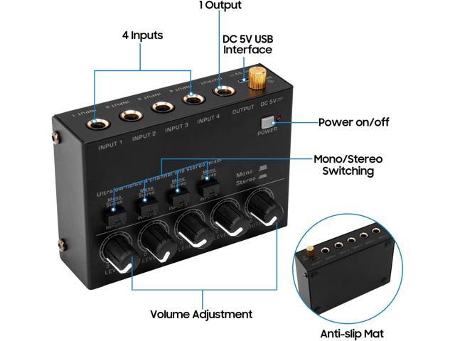 Btuty Ultra Low Noise 4 Channel Line Stereo Mixer 4 Input 1 Output DC 5V Portable Mini Audio Mixer Microphone Guitar Bass Keyboard Mixers for Club...