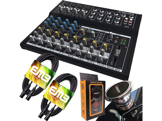 Mackie Mix12FX 12-channel Compact Mixer with Effects with Pair of EMB XLR Cable and Gravity Magnet Phone Holder Bundle