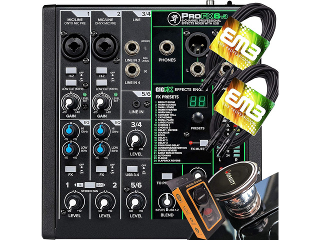 Mackie ProFX6v3 6-Channel Mixer with USB and Effects with Pair of EMB XLR Cable and Gravity Magnet Phone Holder Bundle