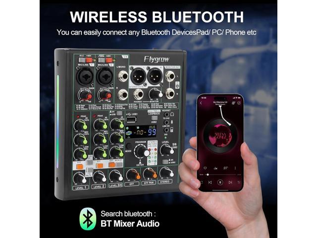 Flygrow 6 Channel Audio Mixer DJ Mixer Sound Board, RGB Breathing Light, 99 DSP Effects, USB Audio Interface, 48V Phantom Bluetooth, High...