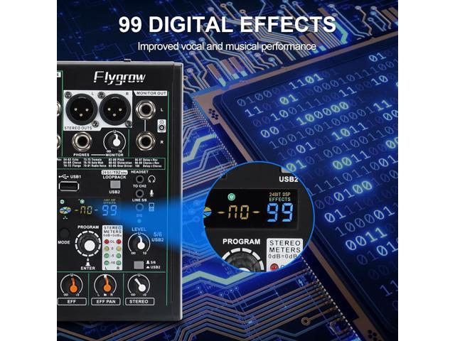 Flygrow 6 Channel Audio Mixer DJ Mixer Sound Board, RGB Breathing Light, 99 DSP Effects, USB Audio Interface, 48V Phantom Bluetooth, High...