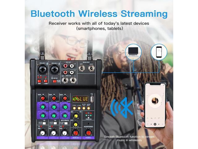 Audio Mixer 4 Channel DJ Mixer with Dual Wireless Microphone Sound Board Console MP3 Bluetooth 48V Phantom Power USB Interface for Home Karaoke...