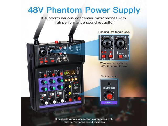 Audio Mixer 4 Channel DJ Mixer with Dual Wireless Microphone Sound Board Console MP3 Bluetooth 48V Phantom Power USB Interface for Home Karaoke...