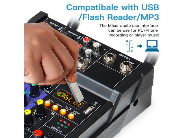 Audio Mixer 4 Channel DJ Mixer with Dual Wireless Microphone Sound Board Console MP3 Bluetooth 48V Phantom Power USB Interface for Home Karaoke...