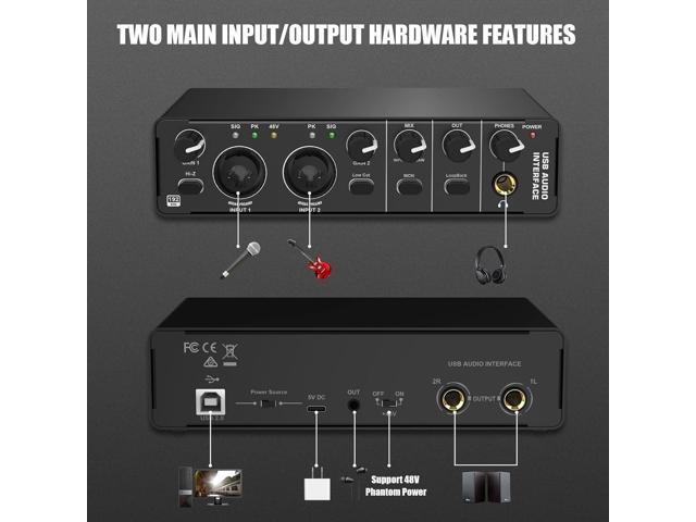 USB Audio Interface, RHM 2 In 2 Out Audio Interface with 48V Phantom Power for Recording, Professional Audio Mixer & Mic Preamplifier XLR/TSR/TS...
