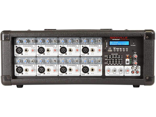 Rockville RPM80BT 2400w Powered 8 Channel Mixer/Amplifier w/Bluetooth/EQ/Effects 2400W Peak, 600W RMS, 8 Mic and 1/4 in TRS Inputs, USB, RCA AUX,...