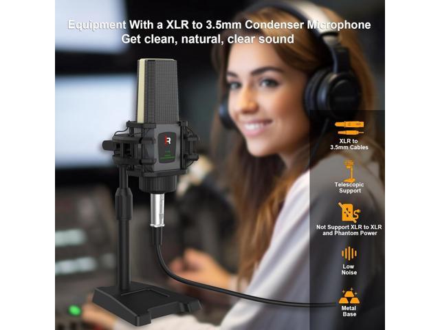 RHM Podcast Equipment Bundle, All-in-One Audio Interface DJ Mixer with Microphone, Stand, Monitor Earphone, Audio Mixer With Sound card for...