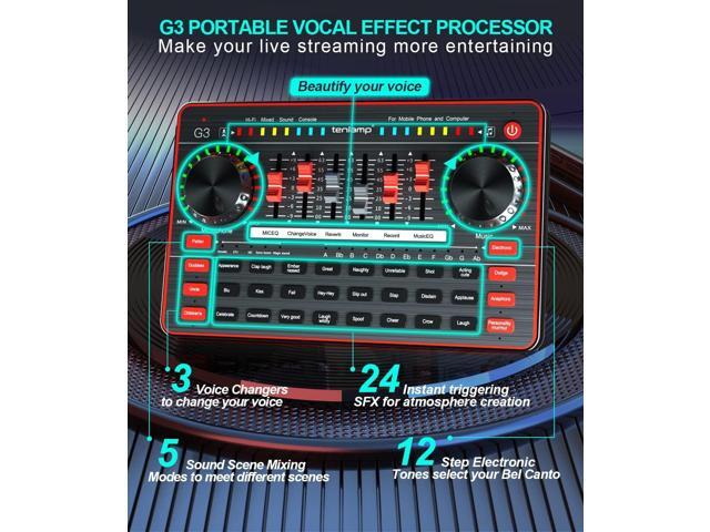 Audio Mixer with Sound Card, tenlamp Two 3.5mm Studio Condenser Microphone and G3 Audio interface, Sound Board Voice Changer, Podcast Equipment...