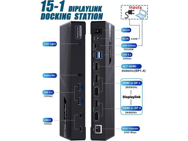WAVLINK Displaylink Docking Station 3 Monitors with 130W Power Delivery, 10Gbps USB for MacBook M1/M2/M3/Windows, USB-C(3 HDMI, 2 DisplayPort, 2...