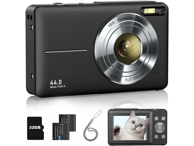 Lecran Digital Camera, FHD 1080P Kids Camera with 32GB Card, 2 Batteries, Lanyard, 16X Zoom Anti Shake, 44MP Compact Portable Small Point Shoot...