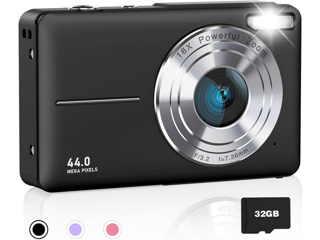 AiTechny Digital Camera, 1080P FHD Camera for Kids, 44MP Point and Shoot Digital Camera with 32GB Card, Fill Light, 16X Zoom, Anti-Shake, Compact...