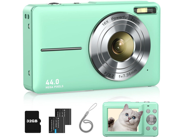 Lecran Digital Camera, FHD 1080P Kids Camera with 32GB Card, 2 Batteries, Lanyard, 16X Zoom Anti Shake, 44MP Compact Portable Small Point and Shoot...
