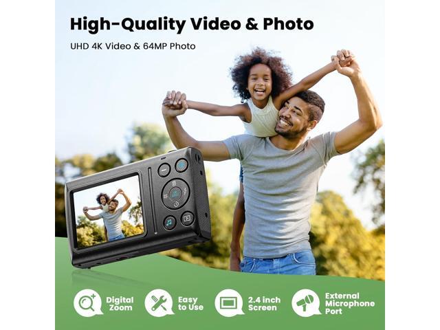 4K Digital Camera 64MP Auto Focus Video Camera with 32GB Card 18X Zoom 2 Batteries Compact Vlog Camera for Beginner Student Kids Teen Black