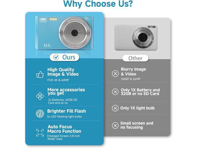 Digital Camera for Teens, FHD 4K 44MP Digital Camera Autofocus with 64GB SD Card 16X Zoom, Cameras for Photography Compact Point and Shoot Camera...