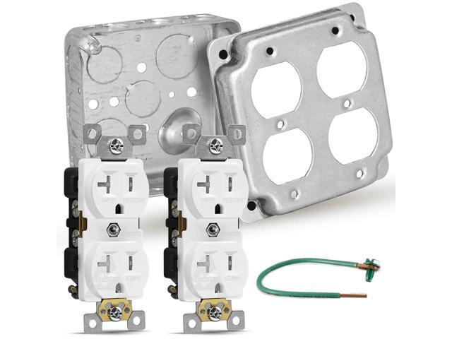 Electrical Box Bundle - 4 x 4 Inch Metal Electrical Outlet Box with Outlet Cover Box, 2 Receptacles and Grounding Wire Drawn Construction...