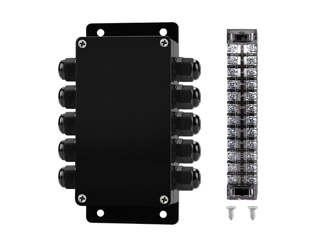 ABS IP67 Waterproof Dustproof Electrical Junction Box, with 15A 600V Barrier Terminal Cable Connector, 5 in/5 Out Power Junction Box6.22 * 3.54 *...