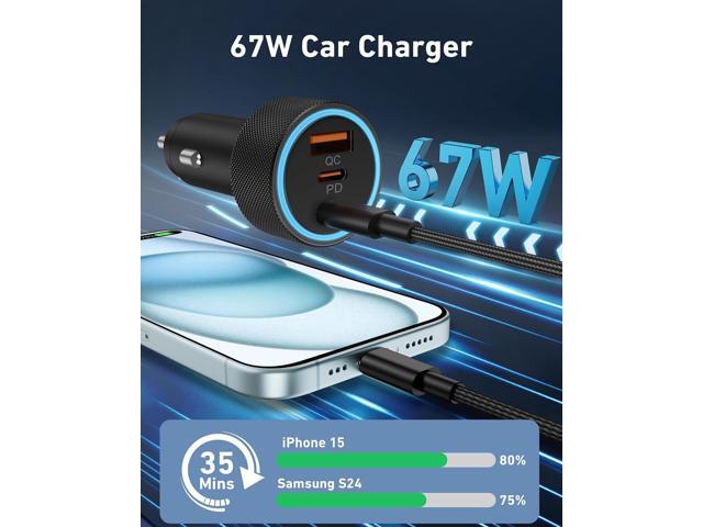 USB C Car Charger, 2Pack 3-Port 67W Dual USB-C & USB-A Phone Car Charger Adapter PD/QC Fast Charging Cigarette Lighter for iPhone 15 14 13 12 11...